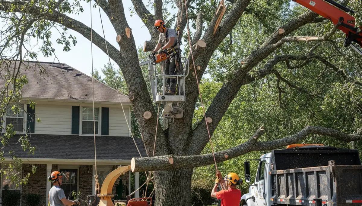 Louisville, KY tree service crew clearing storm-damaged fallen tree and debris from a property