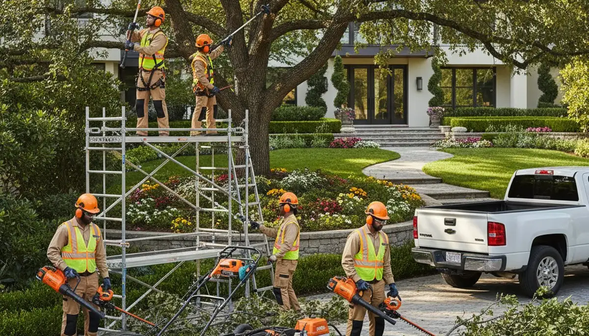 Landscaping service crew in Louisville, KY providing yard maintenance for a residential property