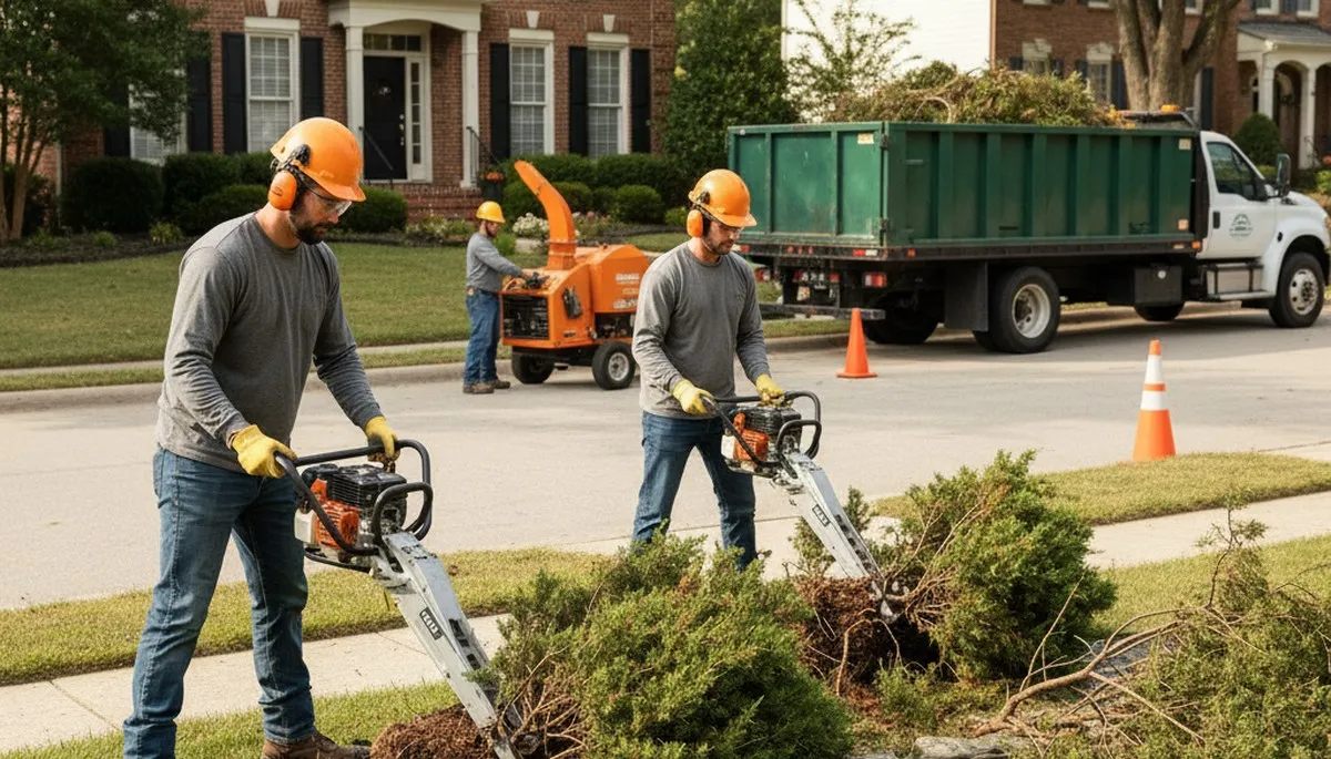 Louisville tree service crew removing overgrown shrubs in Louisville, KY