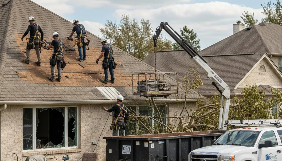 Storm damage cleanup crew removing fallen tree debris in Louisville, KY