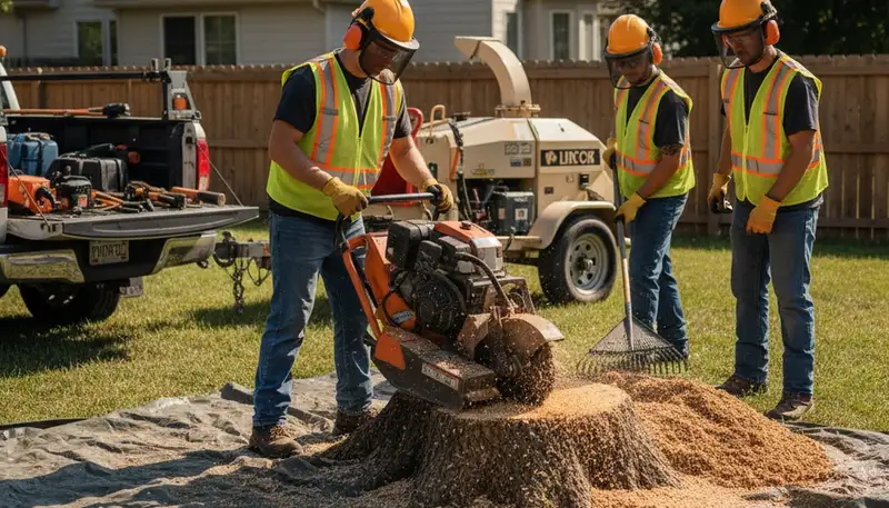 Louisville, KY stump removal service removing a stump from a residential property