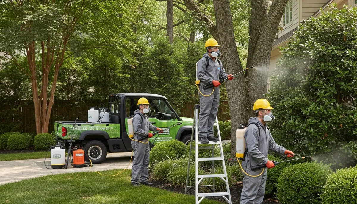 Tick control technician servicing a Louisville, KY yard for a tree-service business
