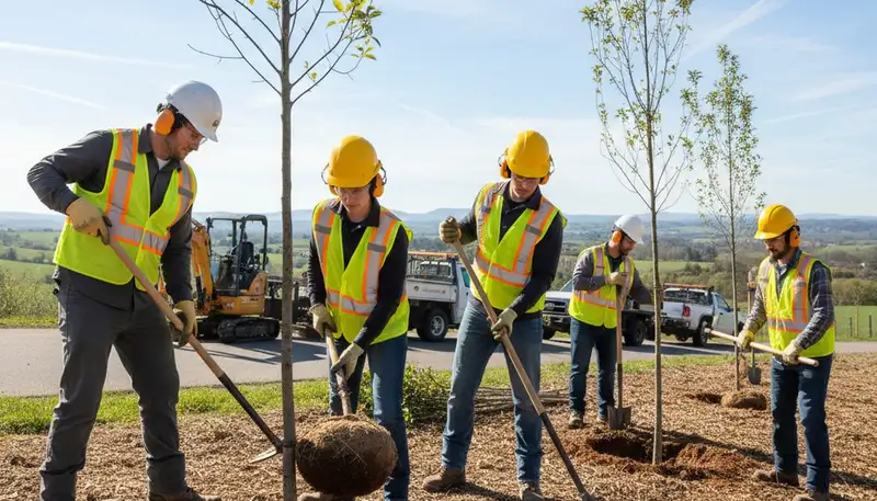Louisville, KY tree service crew planting a new tree for residential landscape installation