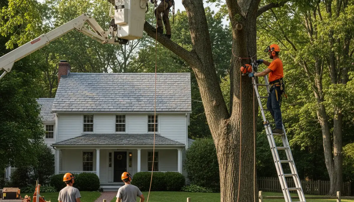 Louisville, KY tree service crew trimming and removing trees for safe residential property care