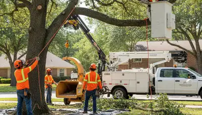 Louisville, KY tree service crew trimming trees for safety and curb appeal